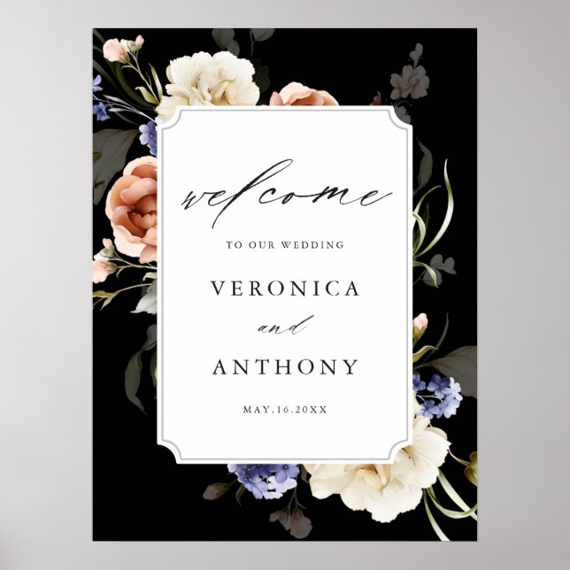 Garten Blumenrahmen Elegante Hochzeit Willkommen S Poster (Vorne)