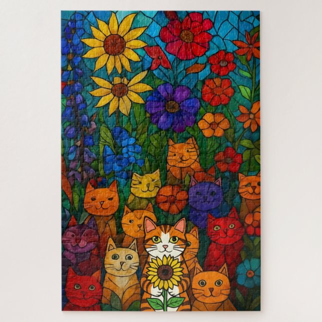 Garten der Katzen Buntglas-Blumenkunst  (Vertikal)