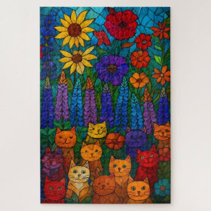Garten der Katzen Buntglas-Katzkunst mit Blumen