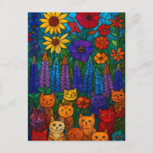 Garten der Katzen Buntglas-Katzkunst mit Blumen Postkarte