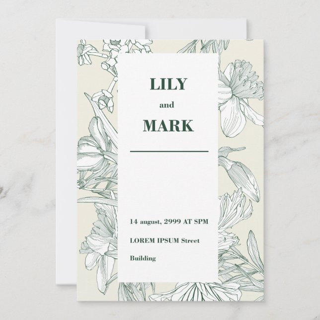 Garten Frühlingsblumen. Hintergrund graviert. Einladung (Vorderseite)