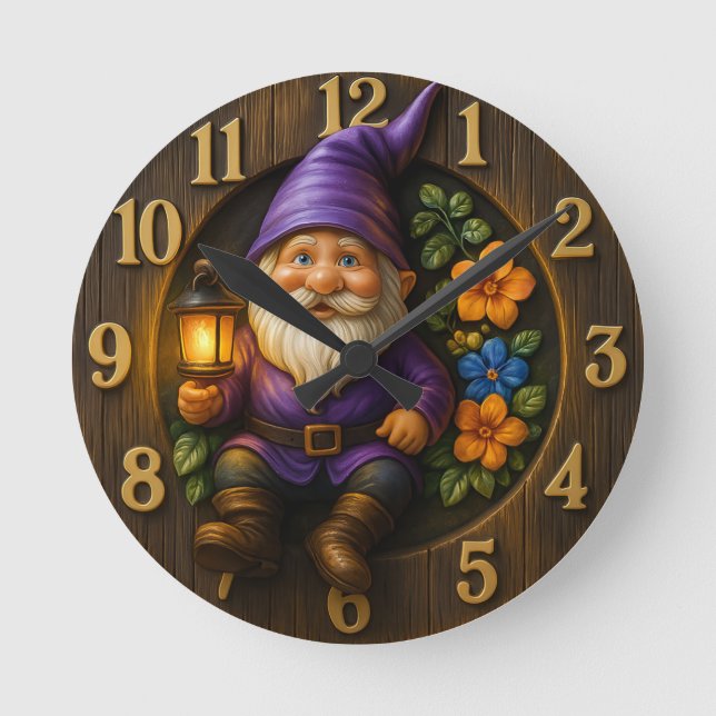 Garten-Gnom mit Laternen-Wanduhr Runde Wanduhr (Vorderseite)