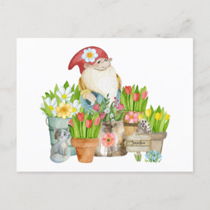 Garten-Gnome mit Blume und Katze Postkarte