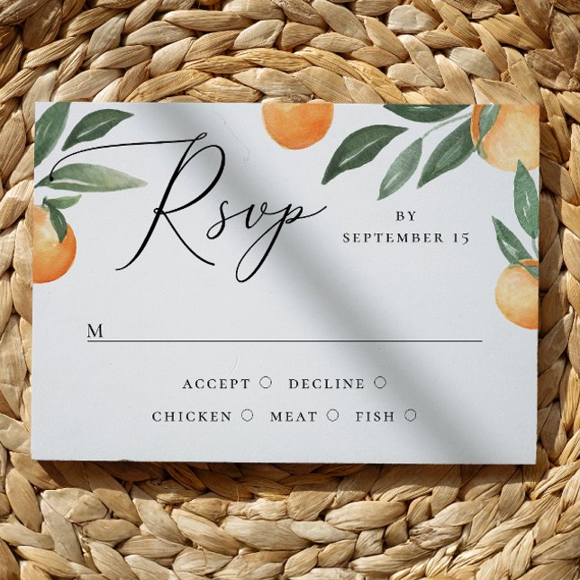 Garten in Orangetönen. Hochzeit von Zitrusfrüchten RSVP Karte (Von Creator hochgeladen)