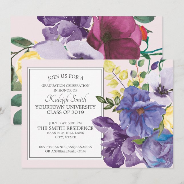 Garten Lila Gelb Rosa Blumengrau Party Einladung (Vorne/Hinten)