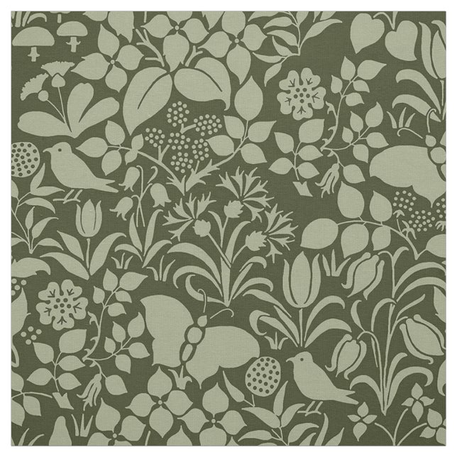 Garten mit Vögeln und Schmetterlingen, Grüne Olive Stoff (Muster)