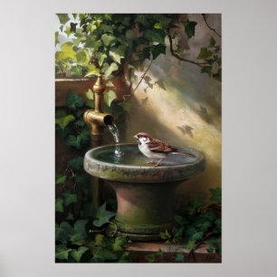 Garten-Oase: Der Spatz am Brunnen Poster