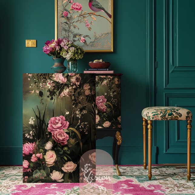 Garten Romantik, Ätherischer Blumengarten Seidenpapier (Garden Romance, Ethereal moody green Floral scene with pink flowers, furniture decoupage tissue)