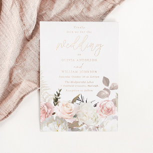 Garten-Rosa- und Weiß-Blumen-Roségoldene Hochzeit Folieneinladung
