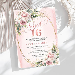 Garten-Roségold-Blumen und Grünzeug Sweet 16 Einladung