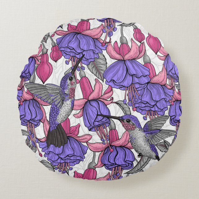 Garten von Hummingvogel, melrose und rosa Rundes Kissen (Vorderseite)