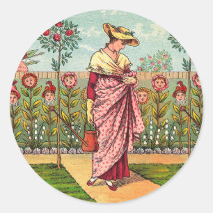 Garten Wachsen Blumen Frau Kunst Antiquität Runder Aufkleber