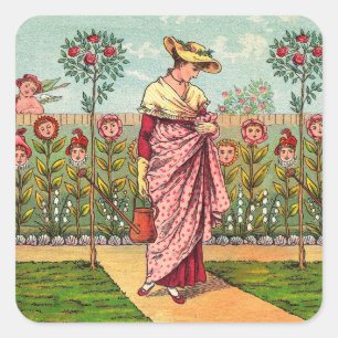 Garten wächst Blumen Frau Kunst Antiquität Quadratischer Aufkleber