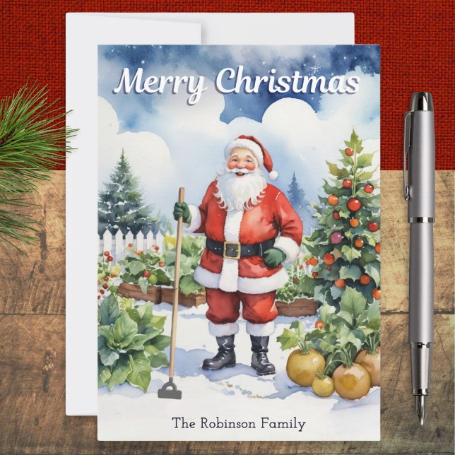 Gartenarbeit Santa Frohe Weihnachten Gemüsegarten (A gardening themed Christmas card, with picture of Santa in a snowy garden in a watercolor style)