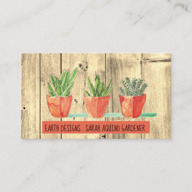 Gartenbauer Rustic Wood Watercolor Holz & Pflanze Visitenkarte (Vorderseite)