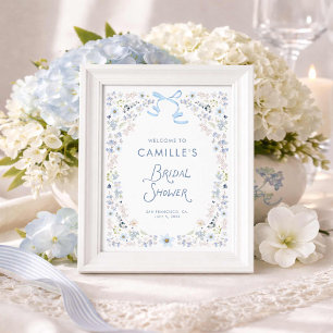 Gartenblaue florale Hochzeitsdusche Willkommen Poster