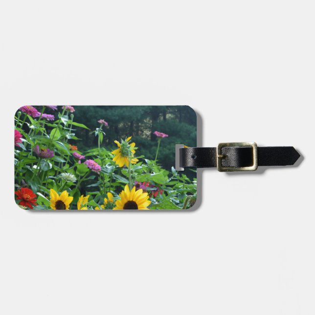 Gartenblick - Sonnenblumen, Gänseblumen, Kosmos Gepäckanhänger (Vorderseite horizontal)