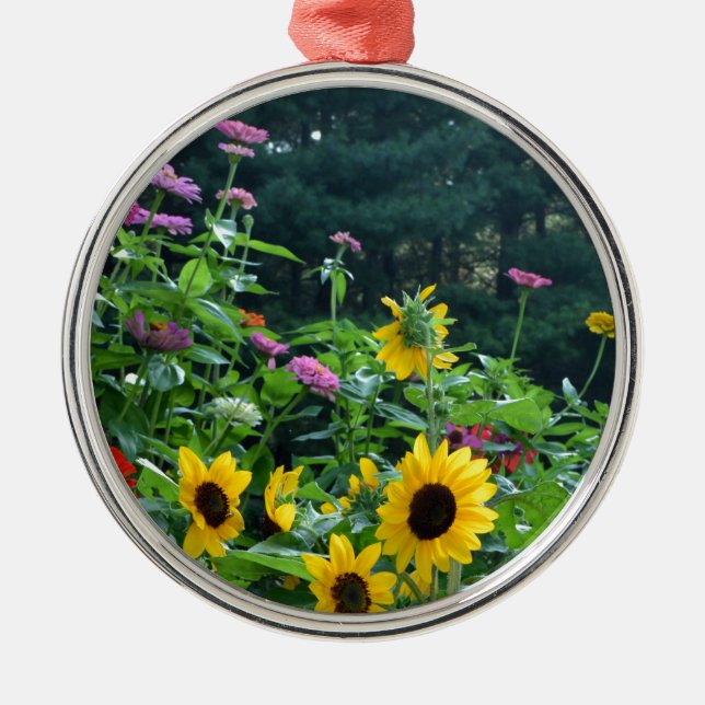 Gartenblick - Sonnenblumen, Gänseblumen, Kosmos Ornament Aus Metall (Vorne)