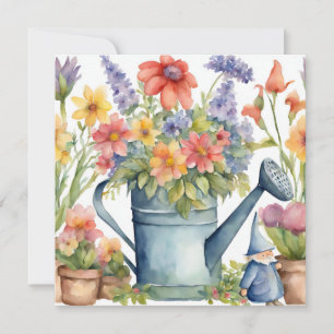 Gartenblumen und Gießkanne Wasserfarben Karte