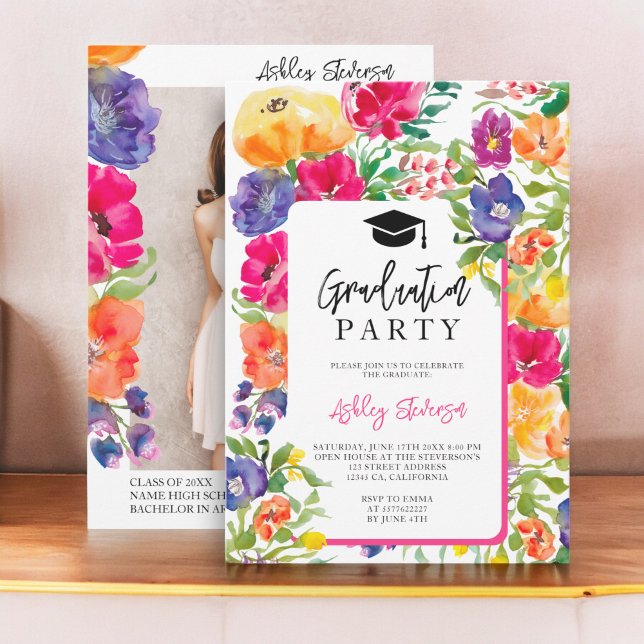 Gartenblumenwasser-Foto Abschluss Einladung (Garden floral watercolor photo graduation invitation)