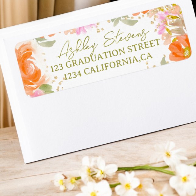 Gartenboho orange Wildblumen Abschluss (Garden boho orange wildflowers graduation label)