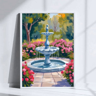 Gartenbrunnen-Blumenmalerei-Aquarell-Kunst Poster