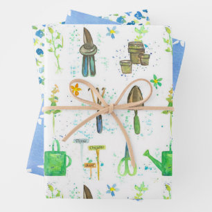 Gartenclub Sommerblumen Werkzeuge Kräuter Blau Geschenkpapier Set