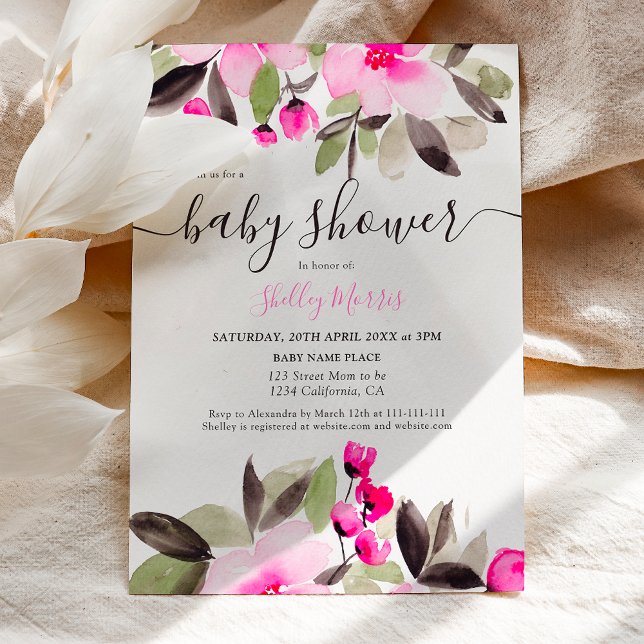 Gartendusche hübsch rosa Blütenfarbe Babydusche Einladung (Garden pretty pink floral watercolor baby shower invitation)