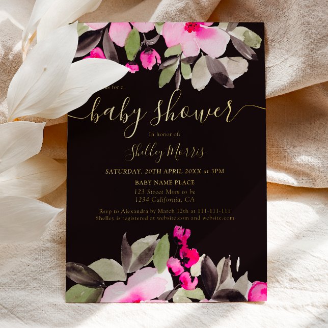 Gartendusche hübsch rosa Blütenfarbe Babydusche Folieneinladung (Garden pretty rea gold foil pink floral watercolor baby shower invitation)