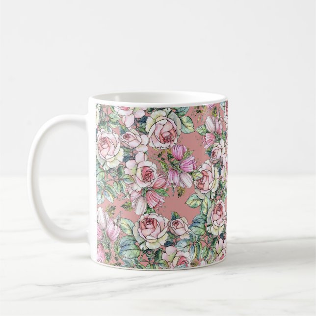Gartengarten Blume Rose mit Tulpen im Wasser bemal Kaffeetasse (Links)