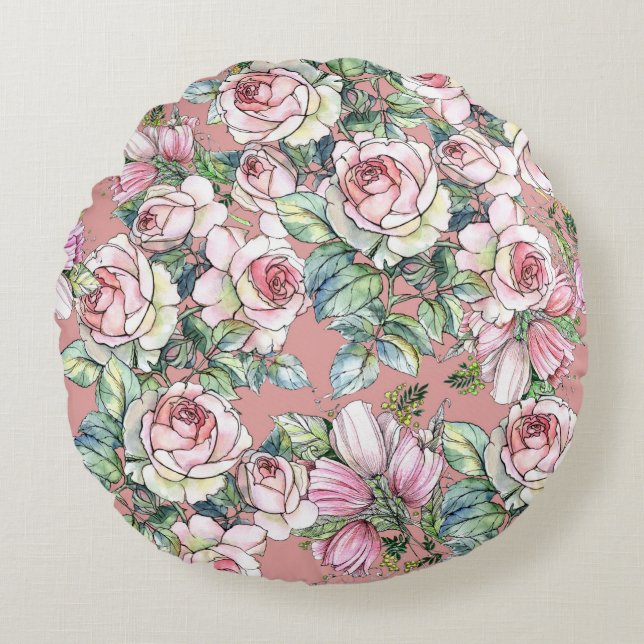 Gartengarten Blume Rose mit Tulpen im Wasser bemal Rundes Kissen (Vorderseite)