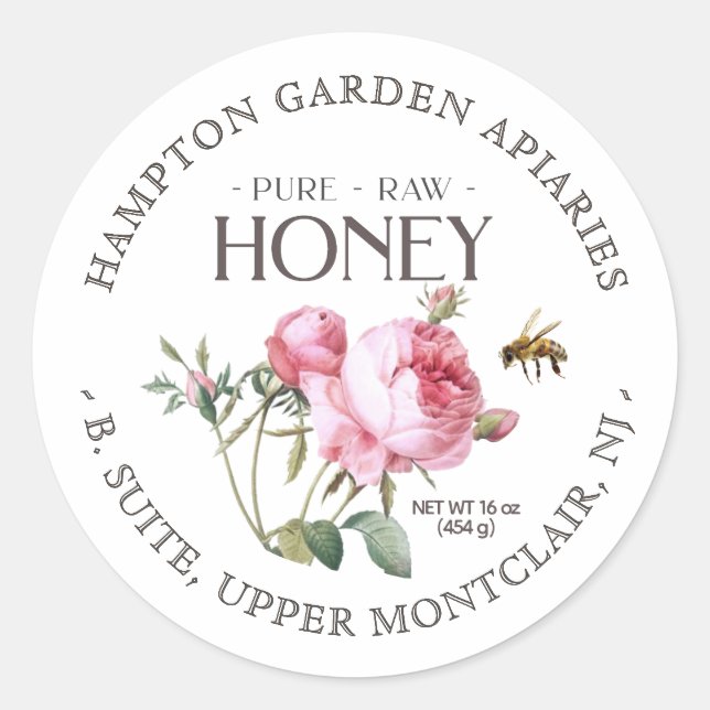Gartengarten Rose mit Honigbienen-Honig-Jar-Label Runder Aufkleber (Vorderseite)