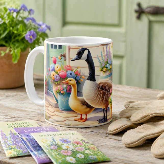 Gartenhausgänse Frühlingsillustration Kaffeetasse (Cottage Garden Geese Spring Illustration Coffee Mug)