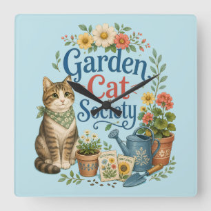 Gartenkatzen-Gesellschaft Cottagecore Florals Quadratische Wanduhr