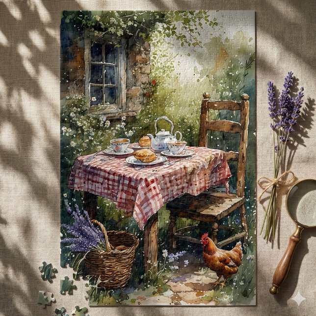 Gartenlauben-Teemorgen-Aquarell (Cottage Garden Tea Morning Watercolor Jigsaw Puzzle ON Shadowed Table)