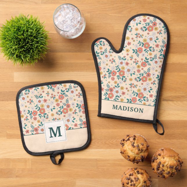Gartenmuster für Korallenblumen Ofenhandschuh & Topflappen-Set (Oben Unten)