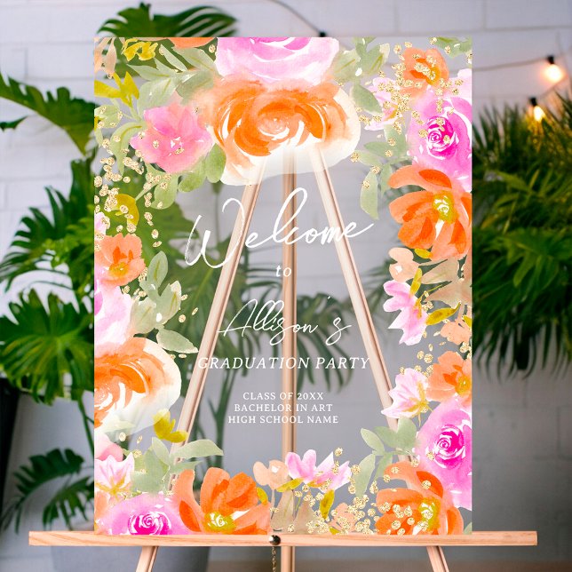 Gartenorange Wildblumen willkommen Abschluss Acrylschild (Garden orange wildflowers welcome graduation acrylic sign)