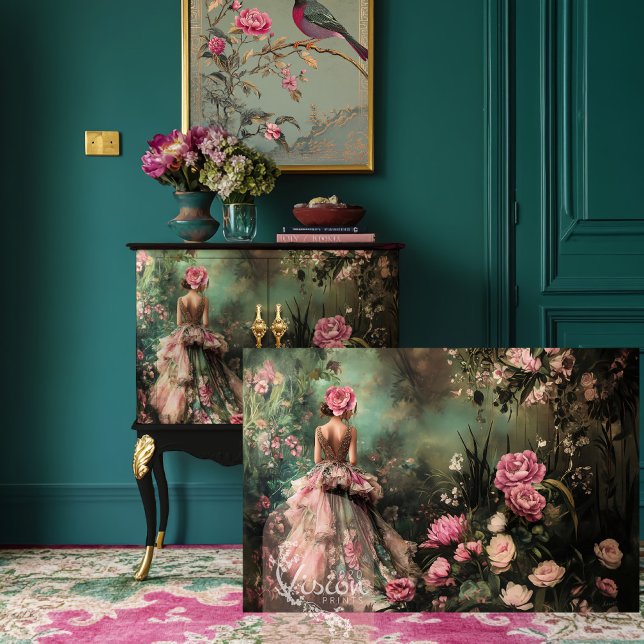 Gartenromantik, Elegante Bouffant Portrait & Flora Seidenpapier (Garden Romance, Elegant Bouffant Lady Portrait & Ethereal Floral Garden Decoupage Tissue Paper.)