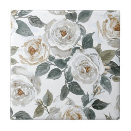 Gartenrosen | Weiße Wasserfarbe Floral Vintage Fliese