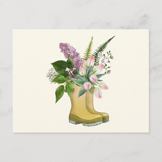 Gartenstiefel mit Tulip und Lilac Blume Postkarte (Vorderseite)