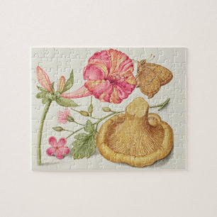 Gartenszene mit Blumen, Schmetterling und Pilz
