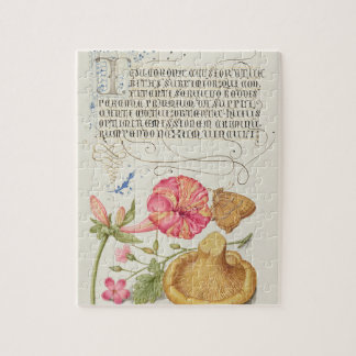 Gartenszene mit Blumen, Schmetterling und Pilz
