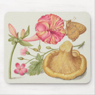 Gartenszene mit Blumen, Schmetterling und Pilz Mousepad
