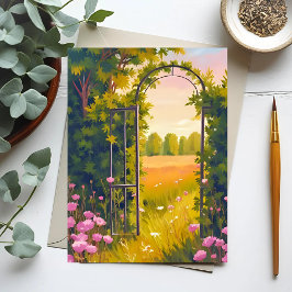 Gartentor | Rosa Blumen Botanische Aquarellmalerei Postkarte