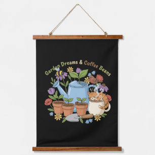 Gartenträume & Kaffeebohnen Süße Katze Cottagecore Wandteppich Mit Holzrahmen