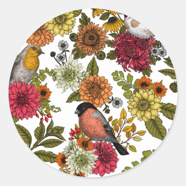 Gartenvögel und Blume 1 Runder Aufkleber (Vorderseite)