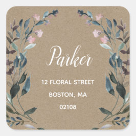 GartenWappen | Rustic Kraft Floral Rücksendeadress Quadratischer Aufkleber