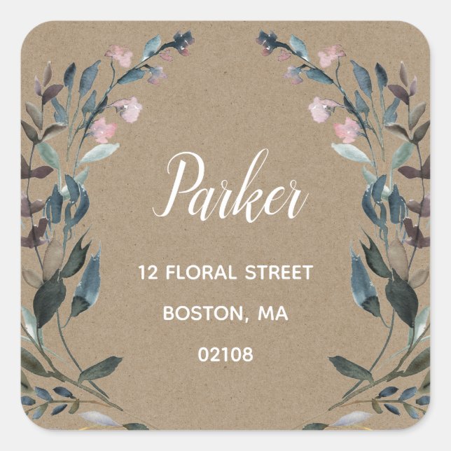 GartenWappen | Rustic Kraft Floral Rücksendeadress Quadratischer Aufkleber (Vorderseite)