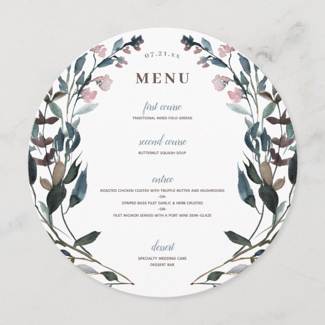 GartenWappen | White Blue Floral Wedding Menu Menükarte (Vorderseite)