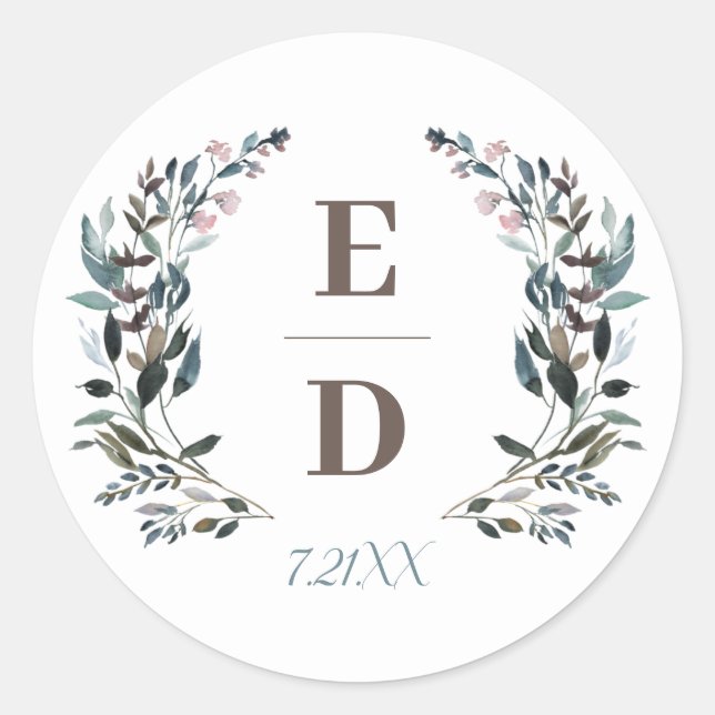 GartenWappen | White Blue Wedding Monogram Date Runder Aufkleber (Vorderseite)